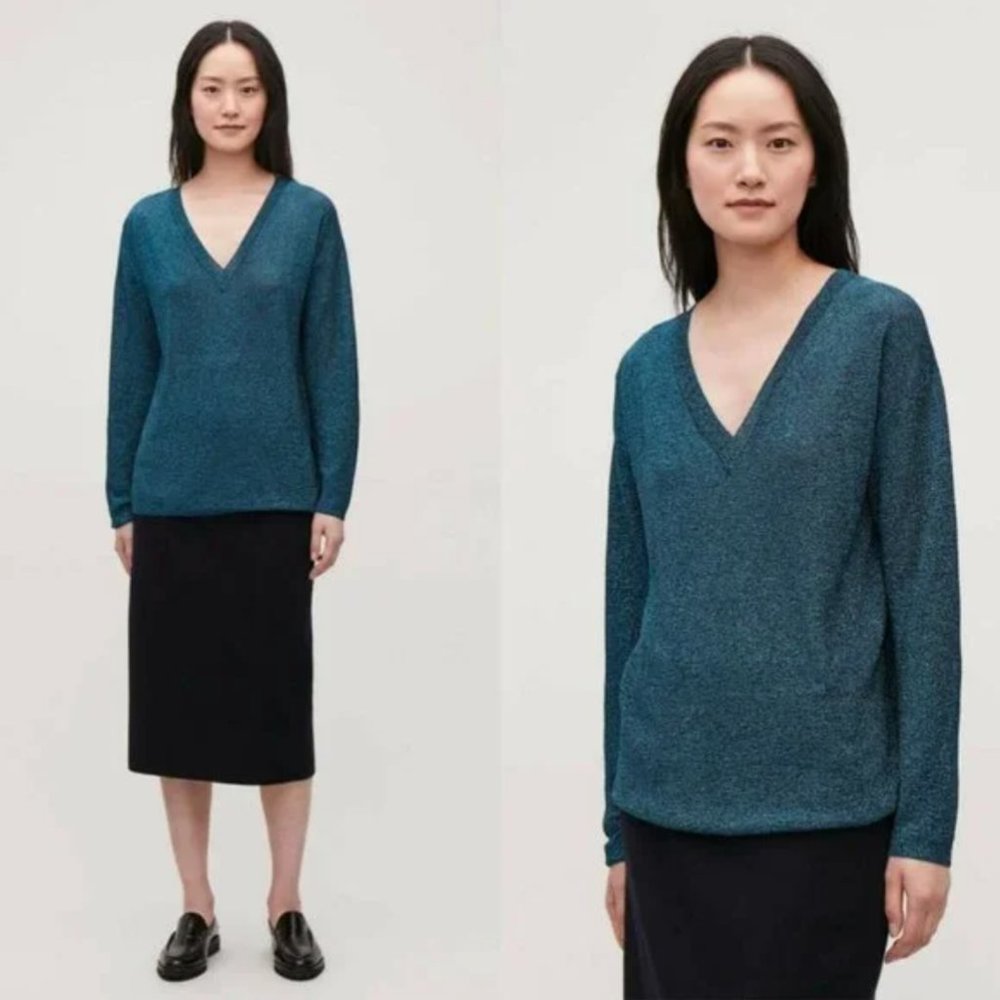 COS Blue Metallic Sheer V Neck Sweater Top Pullover Shimmer M